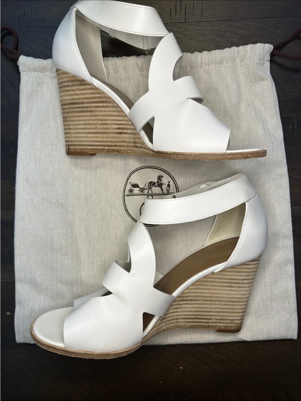 Hermes White Leather Merryl Wedge Sandals with Stacked Heel